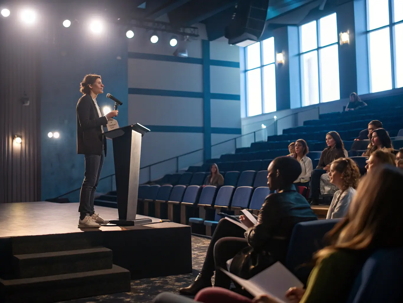 An image of a leadership seminar with a speaker engaging an attentive audience, highlighting the engaging and motivational atmosphere of the Leadership Excellence Workshop.